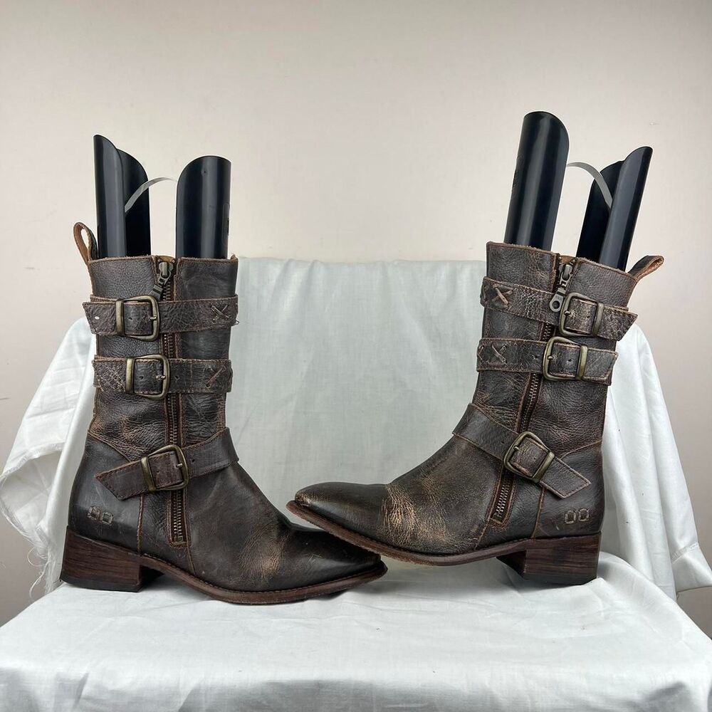 Bed Stu Blanchett Braid Buckle Strap Mid Calf Distressed Leather Boots  Size 8